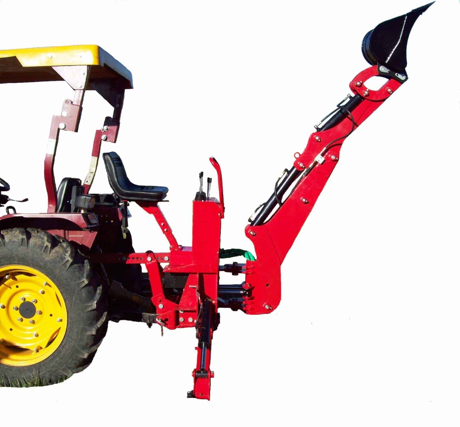 Image of Towable tiller with rotating blades mounted on frame towed behind backhoe